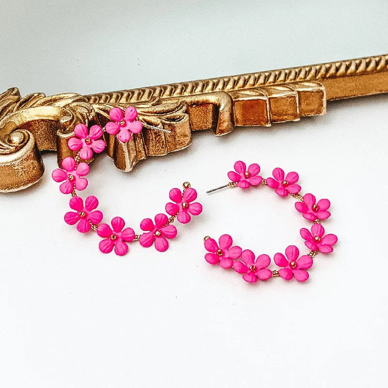 Hoop earrings with colorful beads for a fun and playful vibe-Market Flowers Gold Tone Hoop Earrings with Flower Charms in Hot Pink