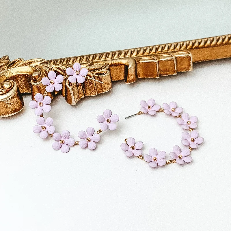 Best hoop earrings with crescent-shaped designs for a bold, moon-inspired style-Market Flowers Gold Tone Hoop Earrings with Flower Charms in Light Lavender