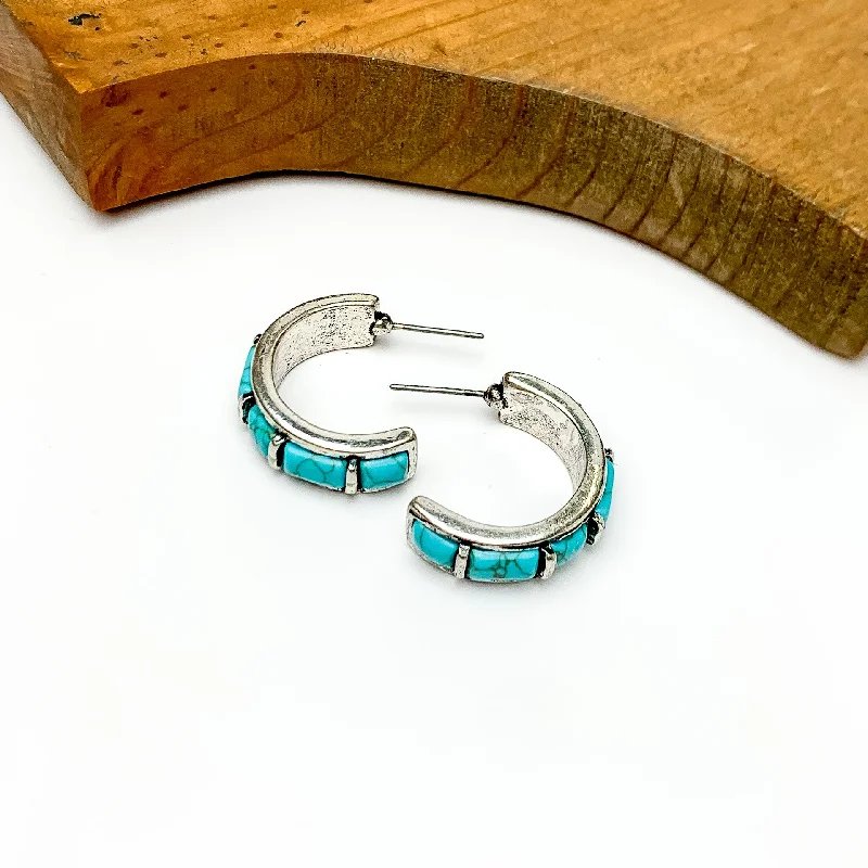 Best hoop earrings with geometric pendants for a modern, chic appeal-Medium Turquoise and Silver Tone Hoops