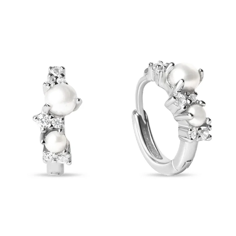 Stylish hoop earrings with diamond accents for an elegant and sparkling effect-Pearl Cluster Huggie Hoops