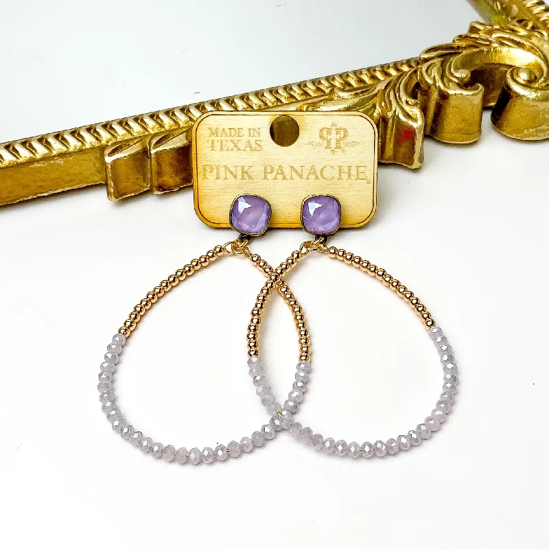 Pink Panache | Lilac Cushion Cut Post Earrings with Gold Tone and Lavender Crystal Beaded Teardrop Pendant