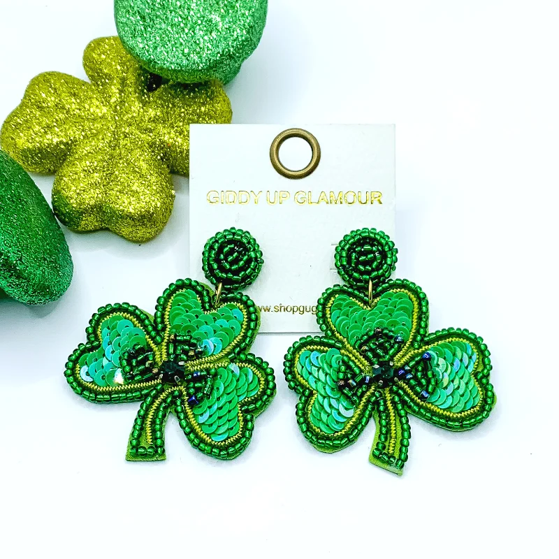 Hoop earrings with colorful beads for a fun and playful vibe-Post Back Beaded Shamrock Earrings in Green