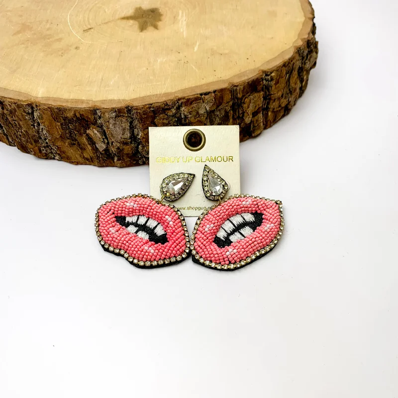 Best hoop earrings with rose gold for a romantic and warm aesthetic-Seed Beaded Lip Post Earrings In Pink with Crystals