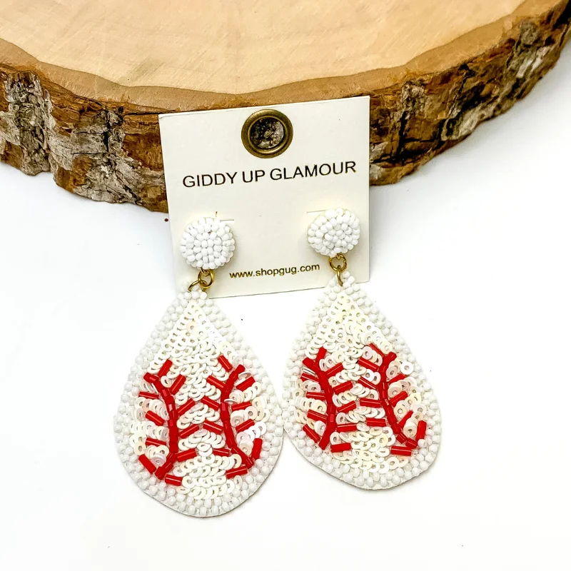 Best hoop earrings with geometric pendants for a modern, chic appeal-Sequin Teardrop Baseball Earrings in White