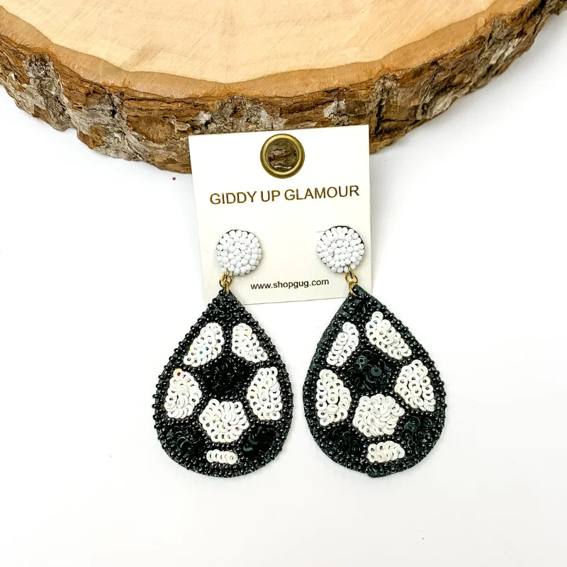 Hoop earrings with cut-out designs for a creative and lightweight effect-Sequin Teardrop Soccer Earrings in Black and White