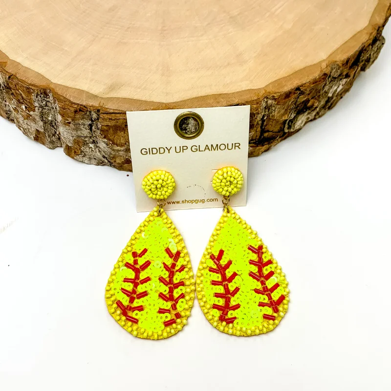 Hoop earrings with a matte finish for a sleek and sophisticated appearance-Sequin Teardrop Softball Earrings in Yellow