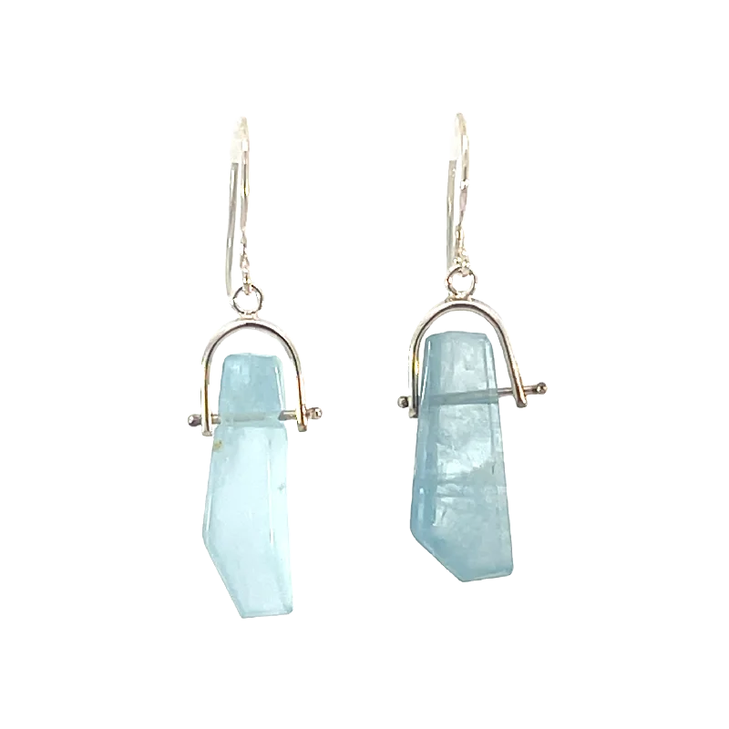 Hoop earrings with enamel stripes for a colorful and eye-catching design-Silver Aquamarine Swinger Stone Earrings