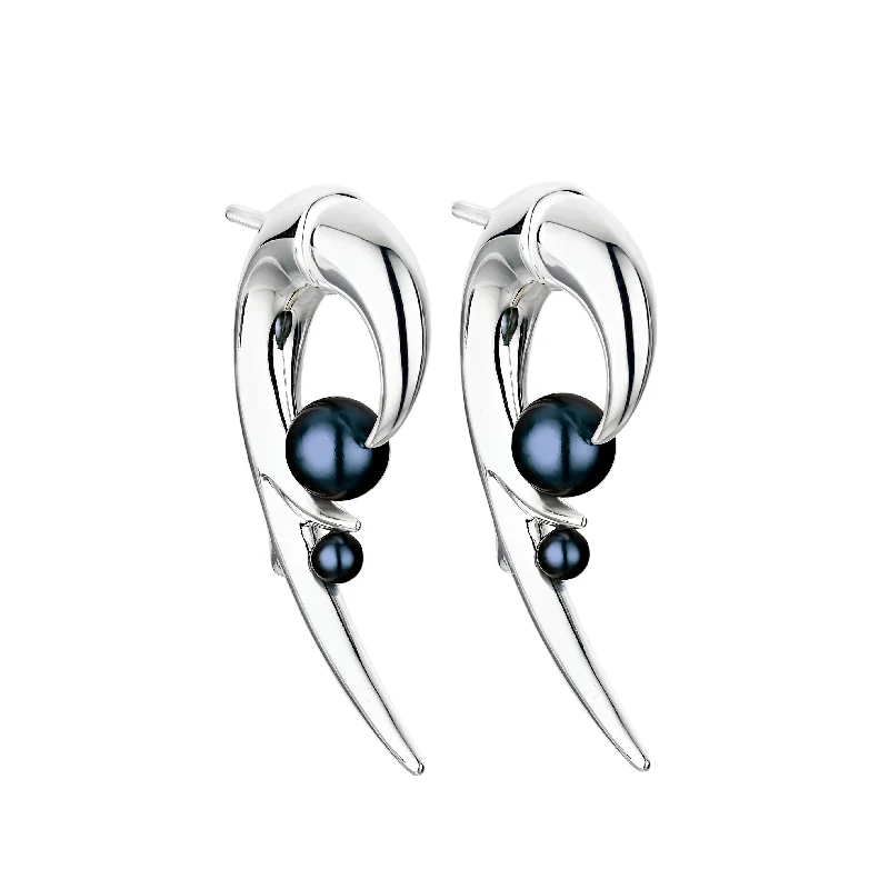 Hoop earrings with colorful beads for a fun and playful vibe-Hooked Pearl Earrings - Silver & Black Pearl