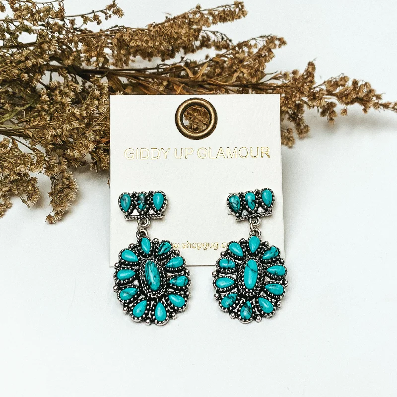 Best hoop earrings with vintage-style detailing for a nostalgic and timeless look-Silver Tone Cluster Post Earrings with Oval Cluster Drop with Turquoise Stones