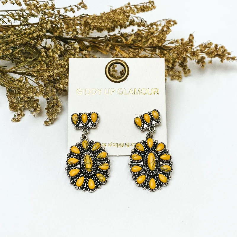 Best hoop earrings with butterfly motifs for a playful and whimsical appearance-Silver Tone Cluster Post Earrings with Oval Cluster Drop with Yellow Stones