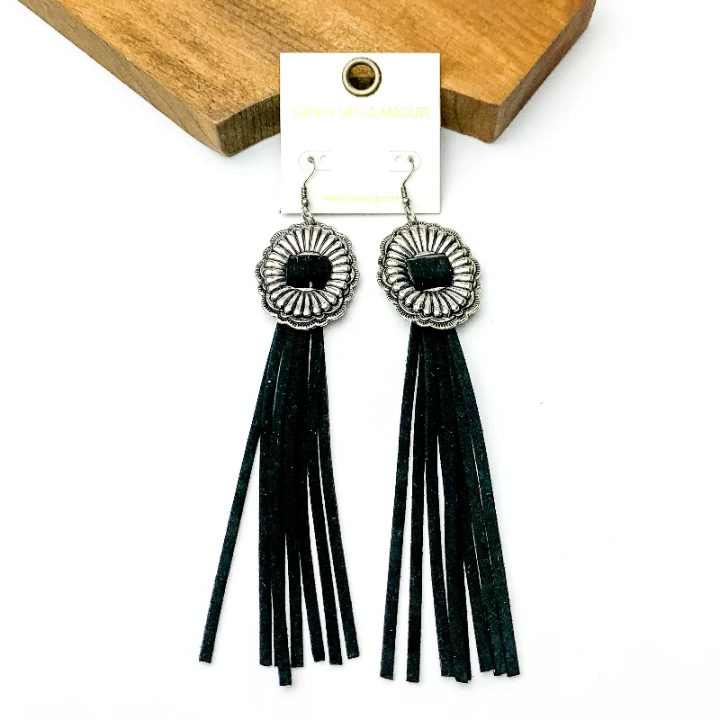 Hoop earrings with spiral designs for a dynamic and fluid look-Silver Tone Concho Dangle Earrings with Black Tassels