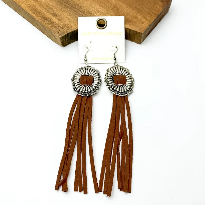 Hoop earrings with colorful beads for a fun and playful vibe-Silver Tone Concho Dangle Earrings with Brown Tassels