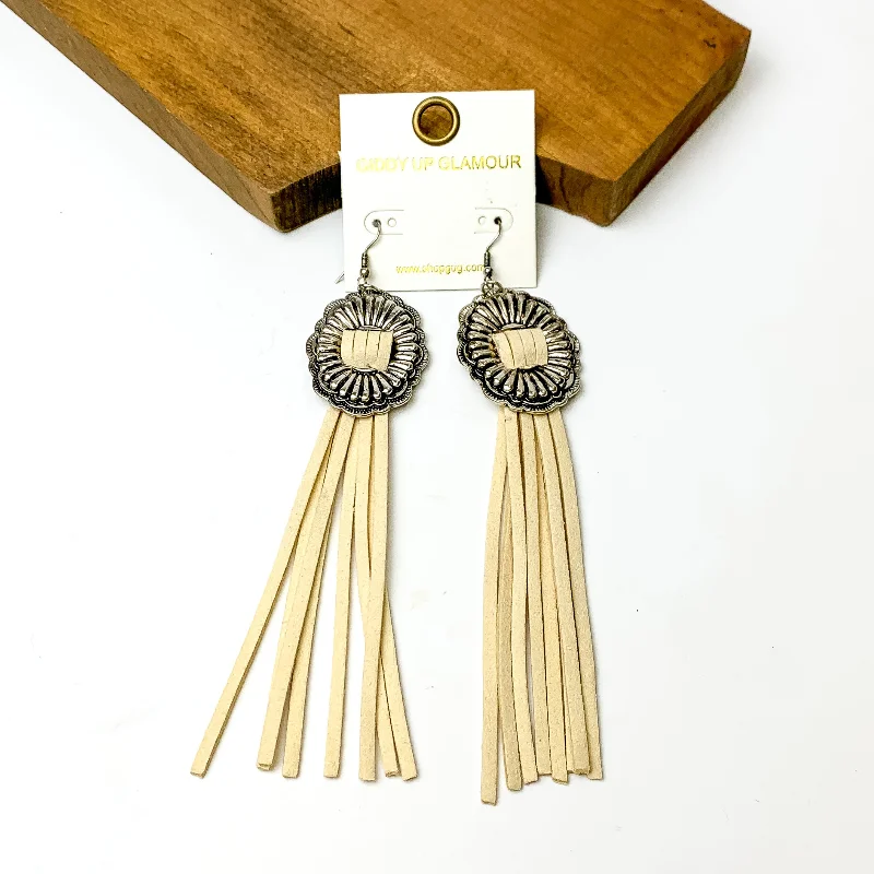 Best hoop earrings with custom designs for a personalized, unique accessory-Silver Tone Concho Dangle Earrings with Ivory Tassels