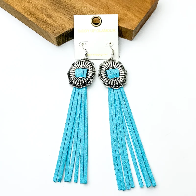 Hoop earrings with tortoiseshell designs for a chic and classic style-Silver Tone Concho Dangle Earrings with Light Blue Tassels