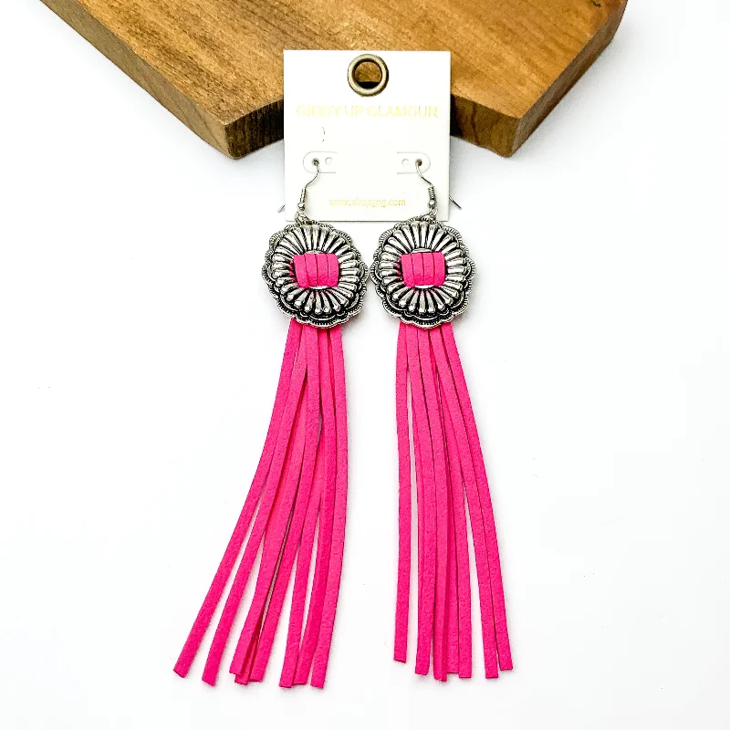 Hoop earrings with hammered copper for a warm and rustic aesthetic-Silver Tone Concho Dangle Earrings with Pink Tassels