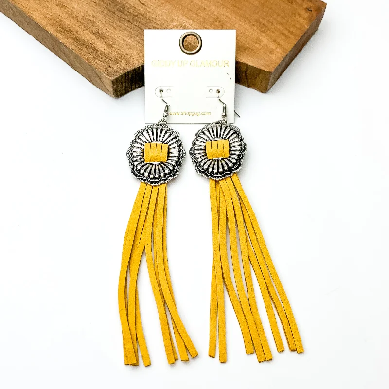 Hoop earrings with luxe velvet finishes for a rich and luxurious touch-Silver Tone Concho Dangle Earrings with Yellow Tassels