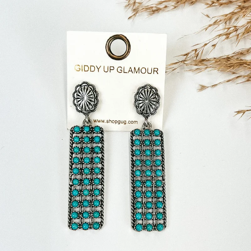 Best hoop earrings with geometric hexagon shapes for a modern, angular look-Silver Tone Concho Earrings with Western Turquoise Rectangle drop