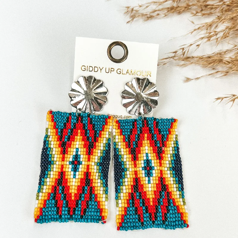 Hoop earrings with enamel stripes for a colorful and eye-catching design-Silver Tone Concho Post Earrings with Rectangle Navajo Beaded Drop in Turqiouse