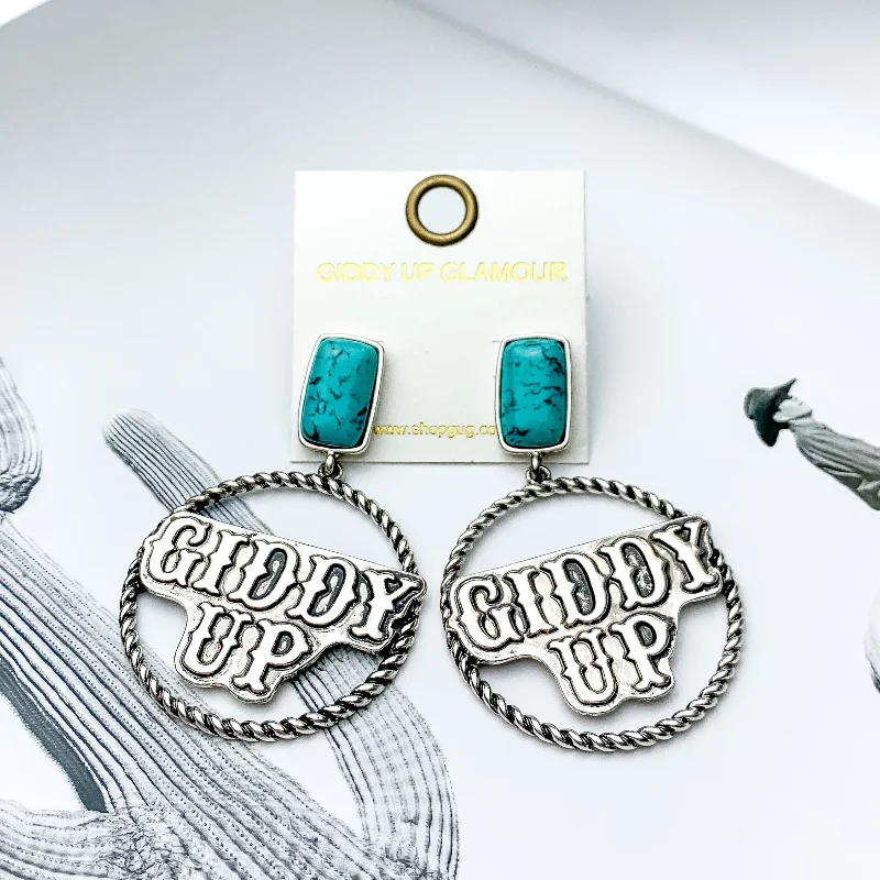 Best hoop earrings with minimalist designs for a clean and modern aesthetic-Square Faux Turquoise Post Back Earrings with Giddy Up Silver Tone Hoop