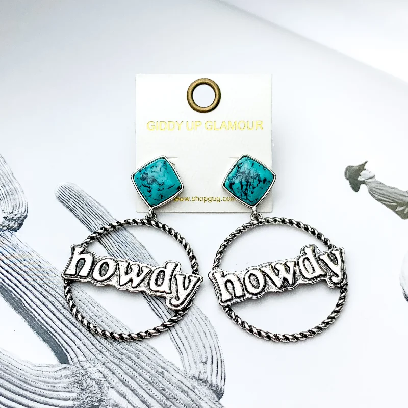 Best hoop earrings with hammered gold for a rustic yet elegant look-Square Faux Turquoise Post Back Earrings with Howdy Silver Tone Hoop