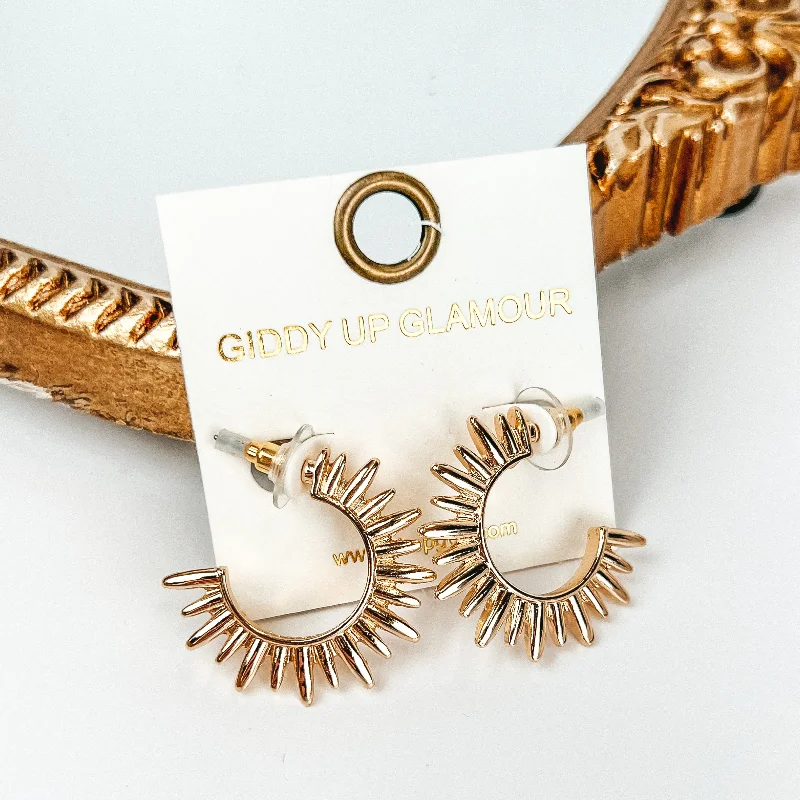 Hoop earrings with artistic filigree designs for an intricate, delicate finish-Sunburst Hoop Earrings in Gold Tone