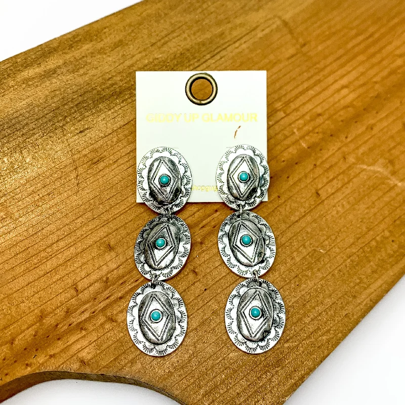 Best hoop earrings with smooth ceramic finishes for a polished, clean style-Three Tier Silver Tone and Turquoise Oval Dangle Earrings