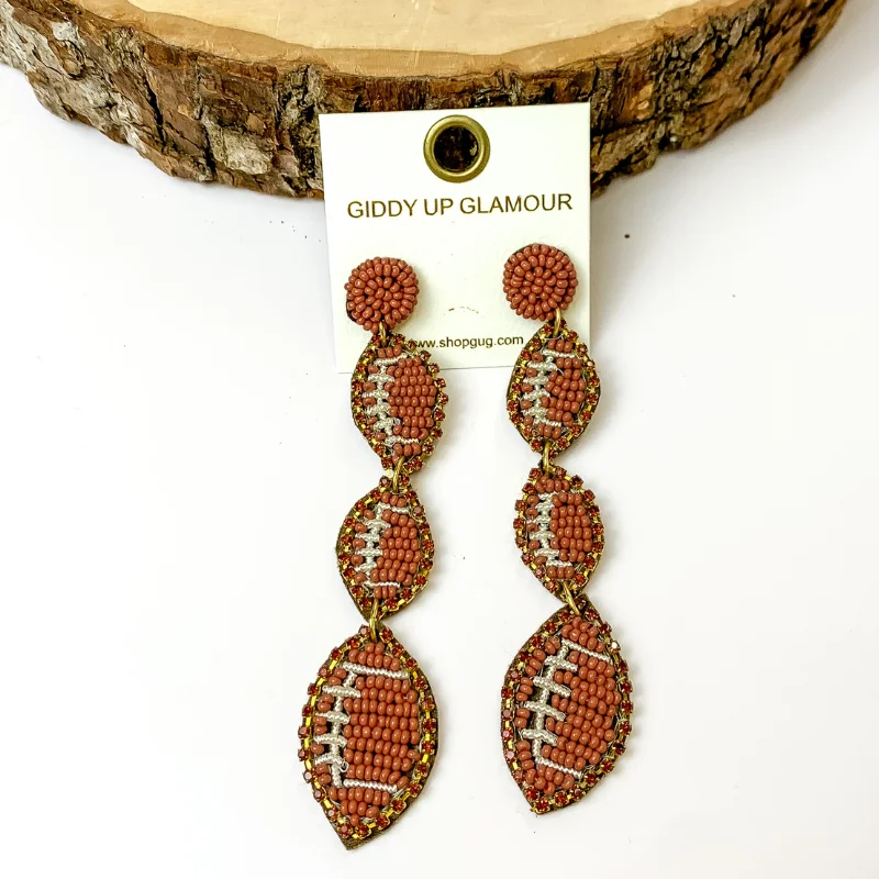 Best hoop earrings with sparkling cubic zirconia for a brilliant, budget-friendly effect-Three Tiered Football Beaded Post Back Earrings in Brown