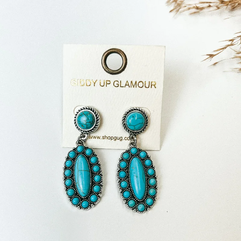 Hoop earrings with a chunky design for a bold and trendy statement-Turqiouse Circle Post Earrings with Oval Cluster Drop with Turquoise Stones