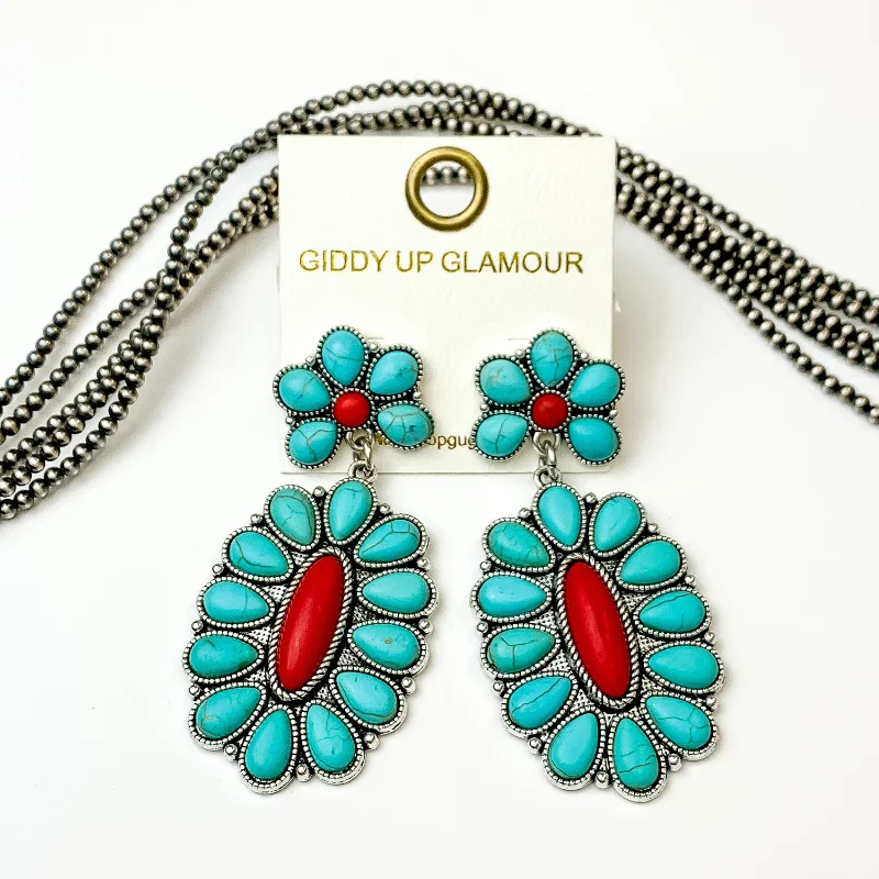 Best hoop earrings with snake-inspired designs for an edgy and fierce vibe-Turquoise and Red Stone Oval Flower Earrings