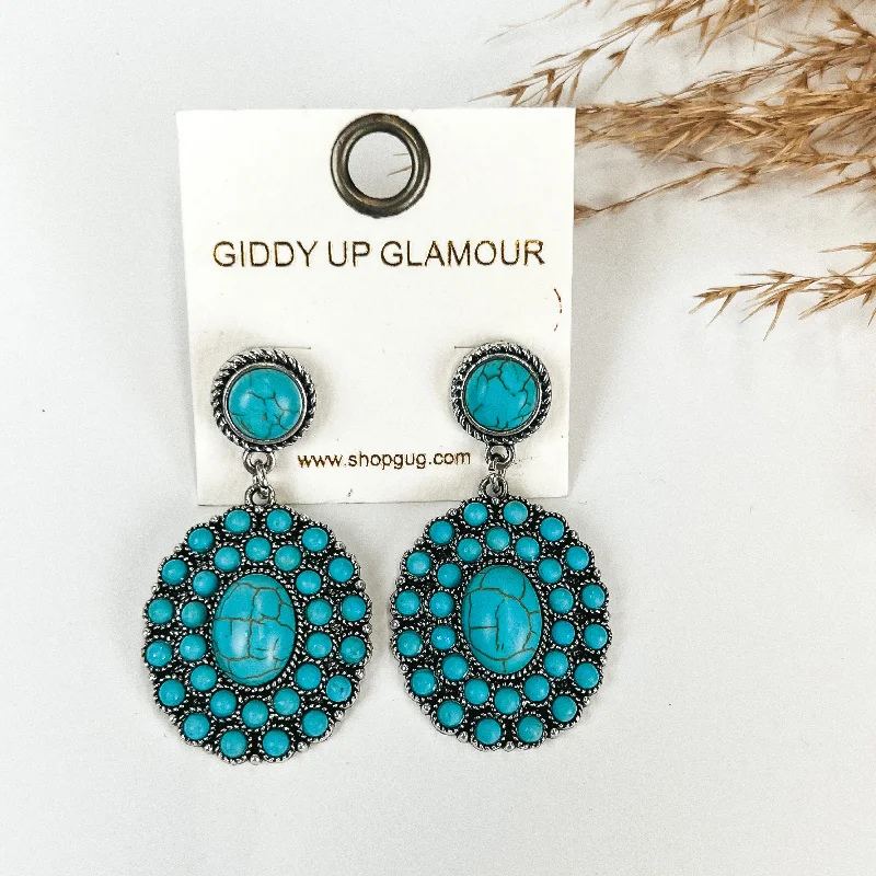 Hoop earrings with floral motifs for a feminine and nature-inspired look-Turquoise Circle Post Earrings with Circle Cluster Drop with Turquoise Stones