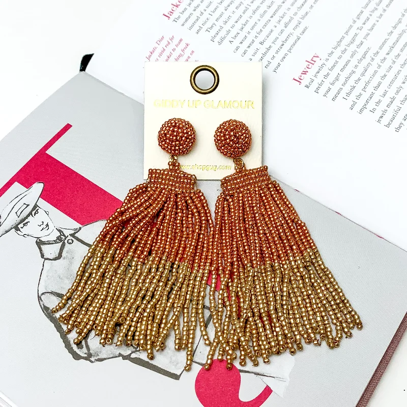 Best hoop earrings with twisted rope designs for a nautical-inspired style-Two Toned Beaded Tassel Fringe Earrings in Rose Gold and Gold Tone