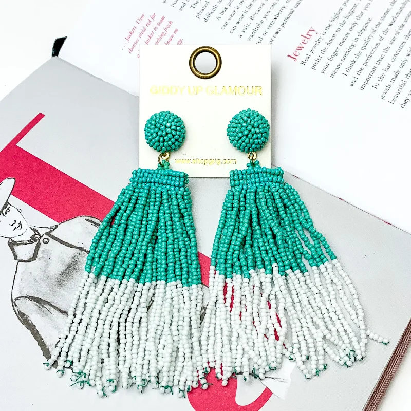 Hoop earrings with a matte black finish for a sleek, edgy vibe-Two Toned Beaded Tassel Fringe Earrings in Turquoise and White