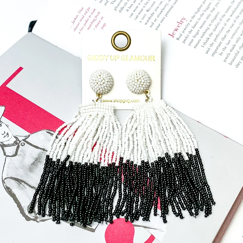 Hoop earrings with braided patterns for a detailed and textured finish-Two Toned Beaded Tassel Fringe Earrings in White and Black