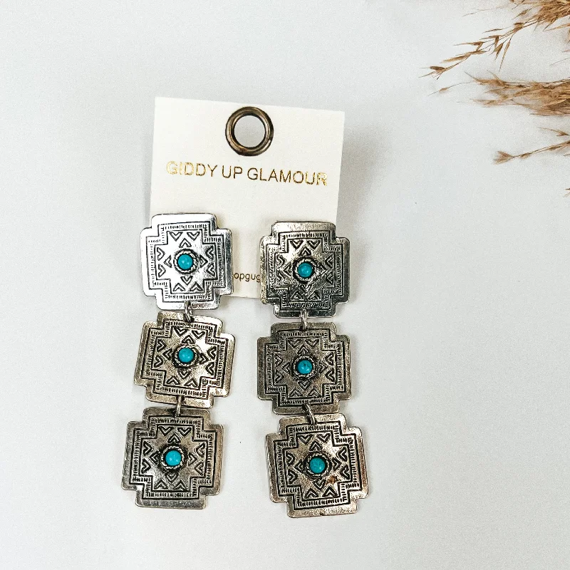 Hoop earrings with tortoiseshell designs for a chic and classic style-Western Design Dangle Earrings in Silver Tone with Turquoise Pendant in the Middle