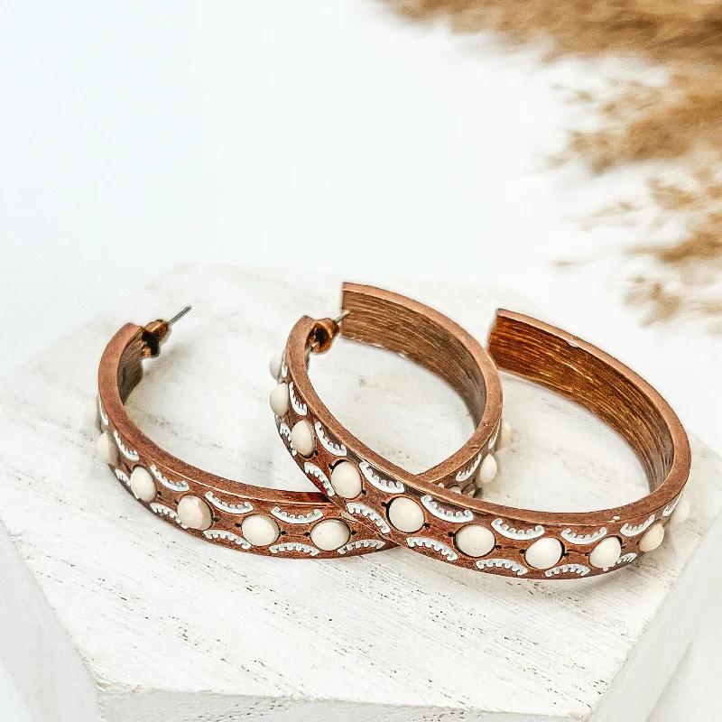 Best hoop earrings with twisted rope designs for a nautical-inspired style-Western Semi Hoop Earrings in Copper Tone with White Stone