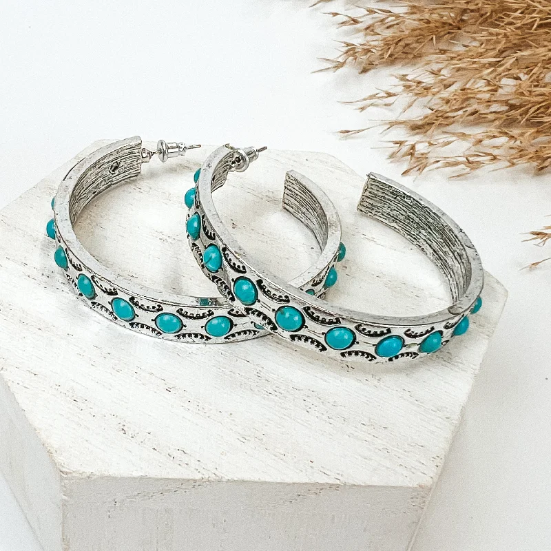 Hoop earrings with open designs for a modern, lighthearted vibe-Western Semi Hoop Earrings in Silver Tone with Turquoise Stone