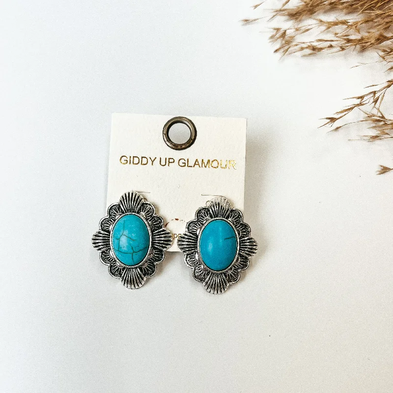 Hoop earrings with abstract wirework for an artistic, unique look-Western Silver Tone Post Back earrings with Oval Turquoise Stone