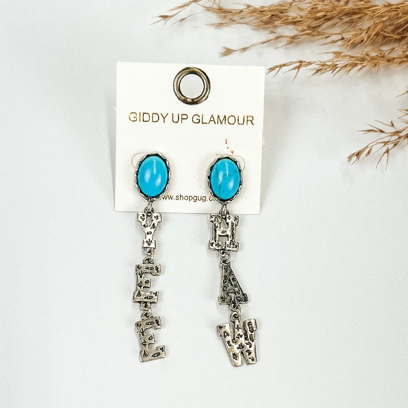 Hoop earrings with luxe velvet finishes for a rich and luxurious touch-Western Yee Haw Earrings In Silver Tone with Oval Post Back in Turquoise