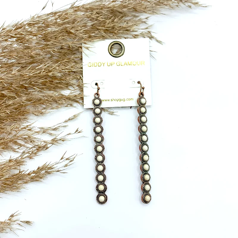 Best hoop earrings with geometric pendants for a modern, chic appeal-White Studded Long Rectangle Earrings in Copper Tone