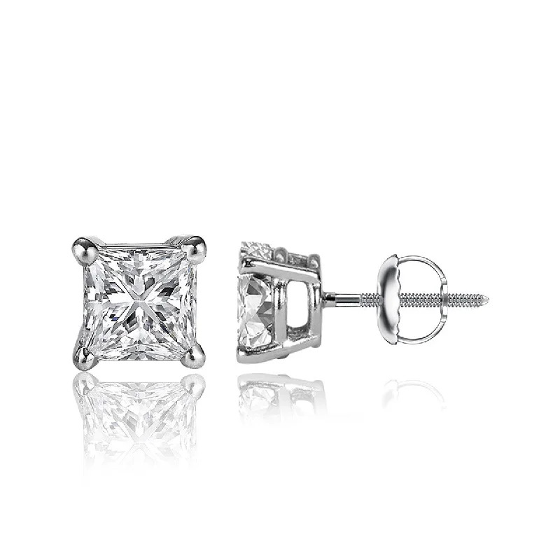 Waterproof Stud Earrings for Outdoor -1/2 Carat Princess Cut 14K White Gold 4 Prong Basket Set Diamond Solitaire Stud Earrings (Classic Quality)