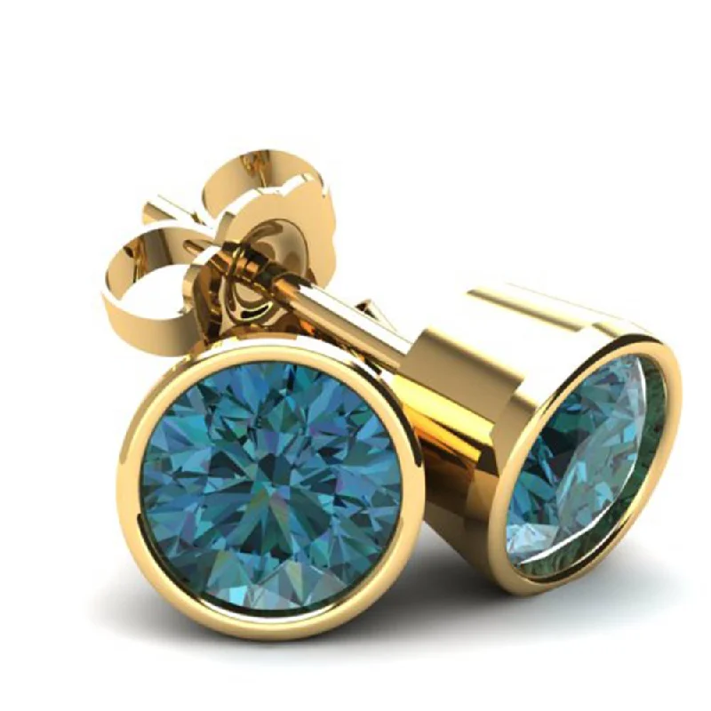 Adjustable Stud Earrings for Custom Fit -1.25Ct Round Brilliant Cut Heat Treated Blue Diamond Stud Earrings in 14K Gold Round Bezel Setting