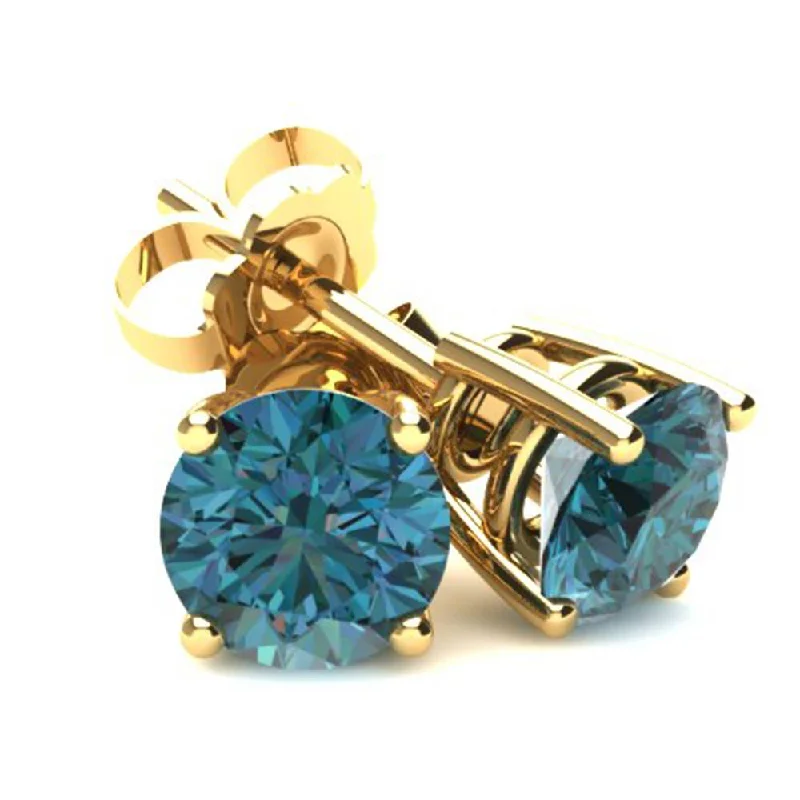 Maximalist Stud Earrings for Bling -1.50Ct Round Brilliant Cut Heat Treated Blue Diamond Stud Earrings in 14K Gold Basket Setting