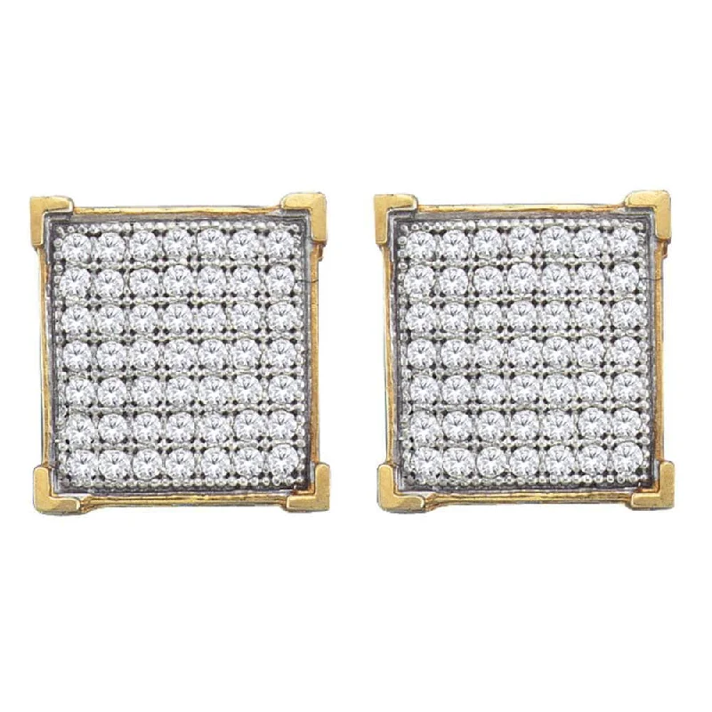 Stud Earrings with Etching -10k Yellow Gold 1/3 Carat Round Diamond Square Cluster Stud Earrings for Women