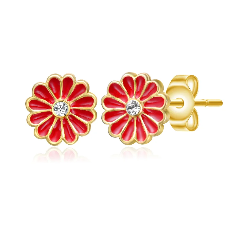 Stud Earrings for Concert Look -14k Gold Plated Clear Cubic Zirconia & Red Enamel Flower Stud Earrings