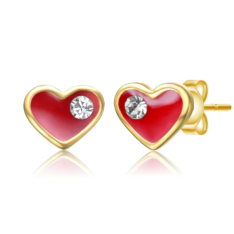 Stud Earrings for Everyday Glamour -14k Gold Plated Clear Cubic Zirconia & Red Enamel Heart Stud Earrings