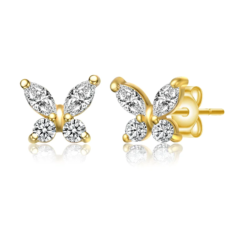 Stud Earrings for Anniversary -14k Gold Plated Marquise Cubic Zirconia Flower Butterfly Stud Earrings