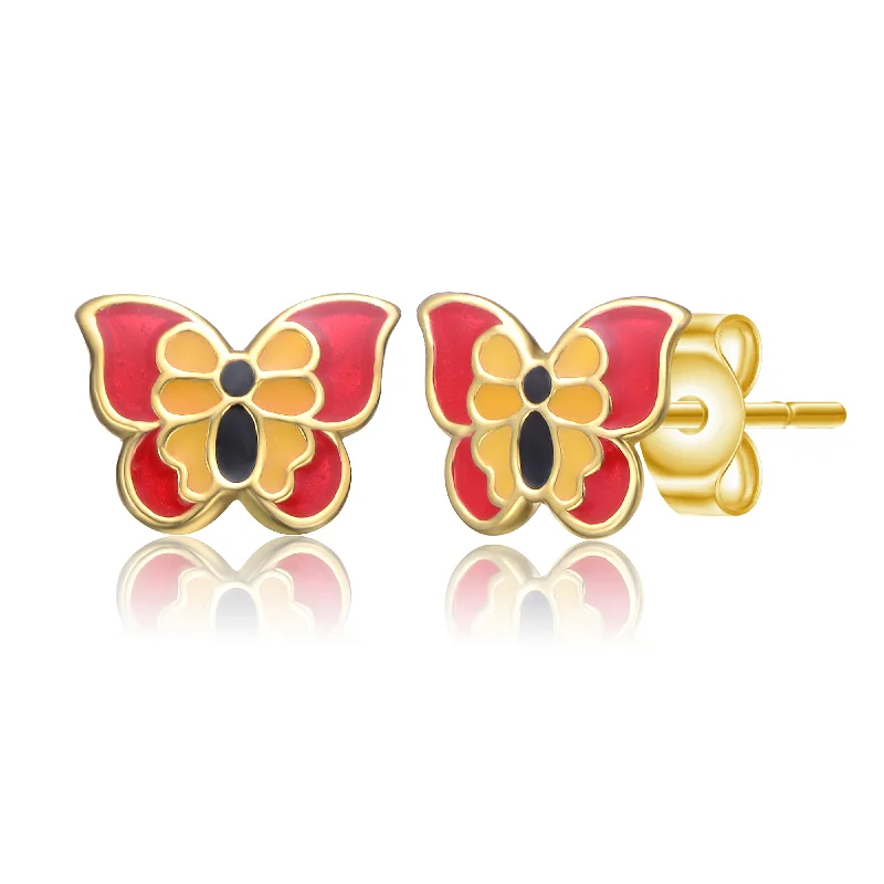 Stud Earrings for Evening Gown -14k Gold Plated Red, Black & Yellow Enamel Butterfly Stud Earrings