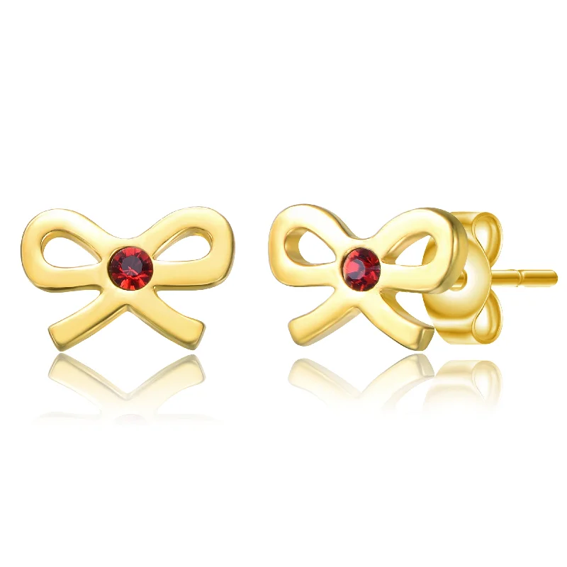 Stud Earrings for Formal Attire -14k Gold Plated Red Velvet Cubic Zirconia Ribbon Bow Tie Stud Earrings