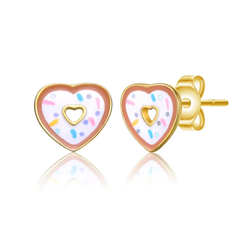 Stud Earrings for School Uniform -14k Gold Plated Sprinkled Donut Heart Halo Stud Earrings