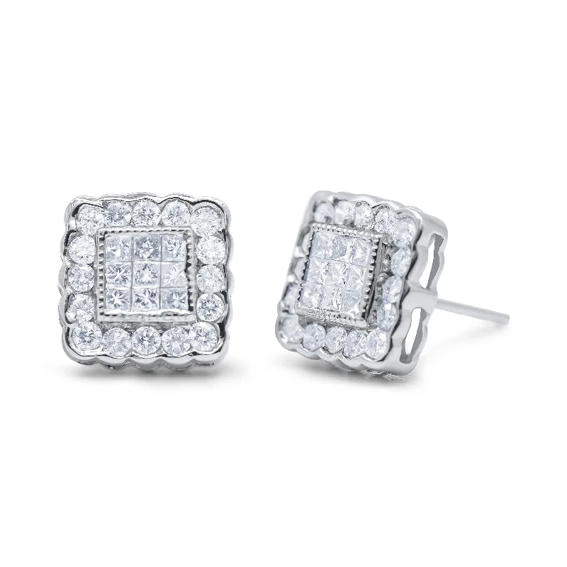 Leverback Stud Earrings for Comfort -14K White Gold 1.0 Cttw Round Brilliant & Princess Cut Diamond Scallop-Edge Framed Square Halo Stud Earrings